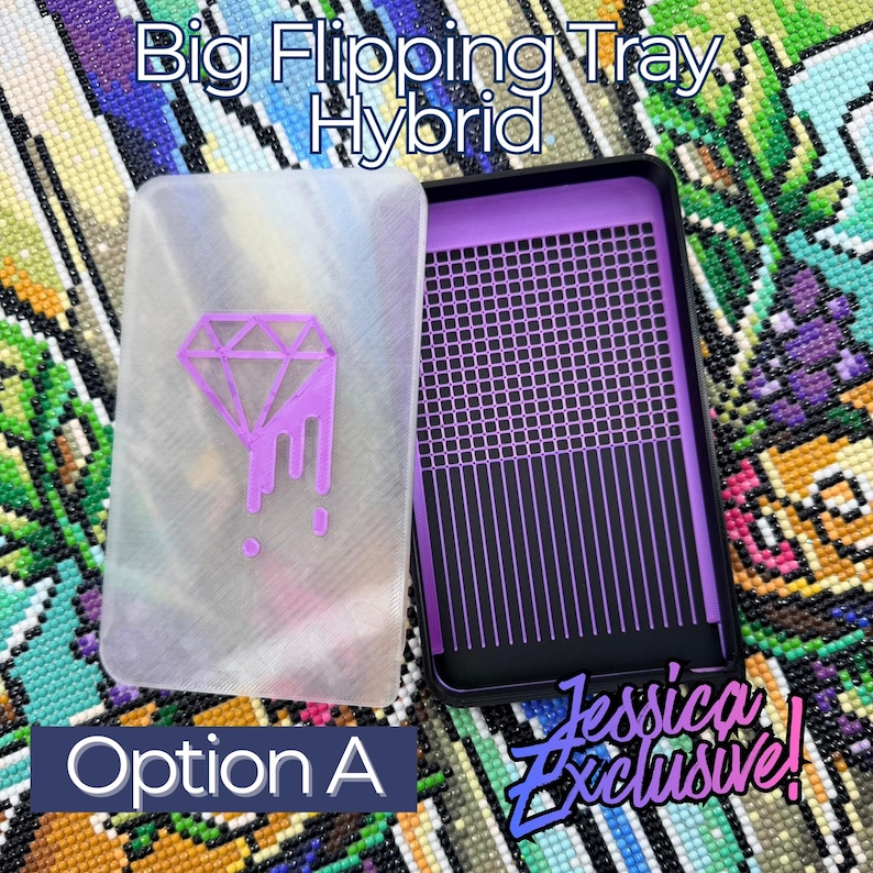 Big Flipping Tray Hybrid diamond art tray with lid and slider with purple diamond logo on a colorful background