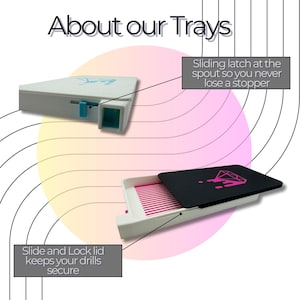 White trays with pink and black accents. The image shows two trays, one closed and one open, with the text "About our Trays". The trays have a sliding latch and a slide and lock lid.