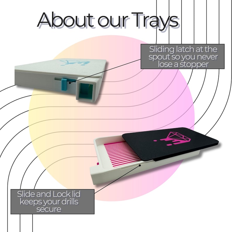 White trays with pink and black accents. The image shows two trays, one closed and one open, with the text "About our Trays". The trays have a sliding latch and a slide and lock lid.