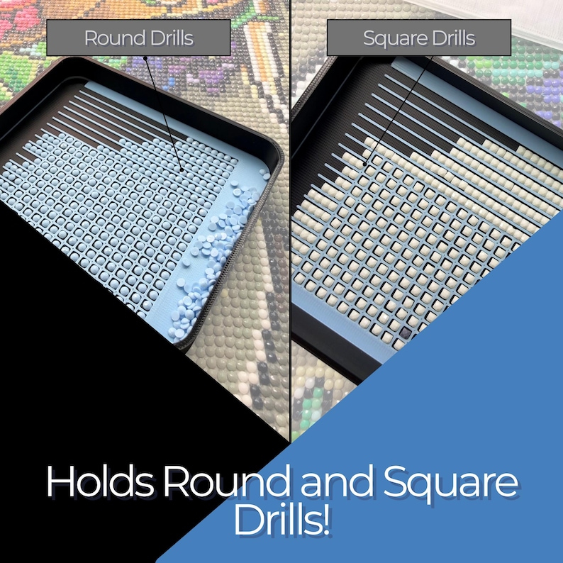 Comparison of round and square drills on a textured surface with text indicating compatibility.