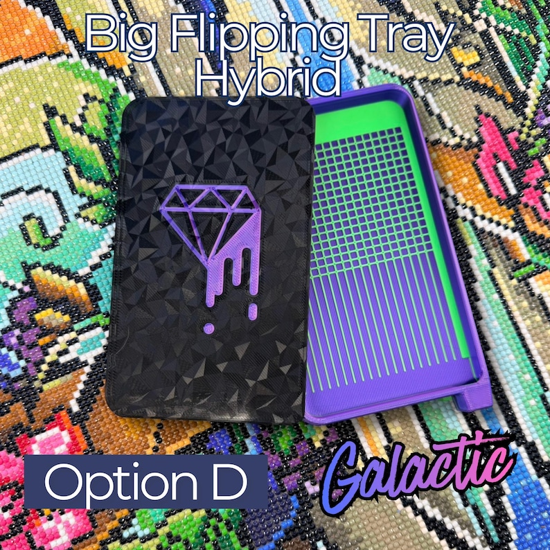 A black Big Flipping Tray Hybrid for diamond art with a geometric pattern and a purple diamond design. The tray is open, revealing a green and purple interior. Text includes "Big Flipping Tray Hybrid", "Option D", and "Galactic".