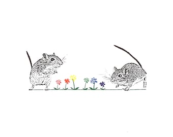 Gerbils and rainbow flowers screen print