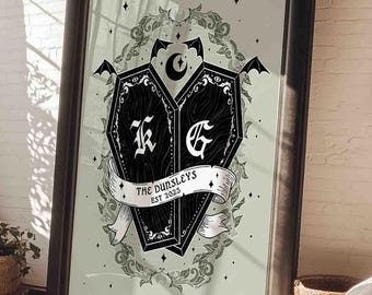Printable Custom Coffin Couple Art for Gothic Vampire Lovers, Whimsical Hallowedd Personalized Wedding Gift for Alternative Couples
