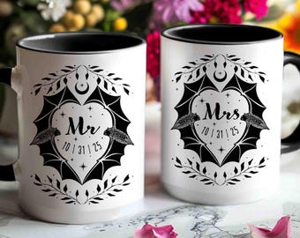Custom Mr and Mrs and Mx Mug, Gothic Couples Coffee Cup, Bat Lover Engagement Present, Goth Bride and Groom Gift for Halloween Wedding