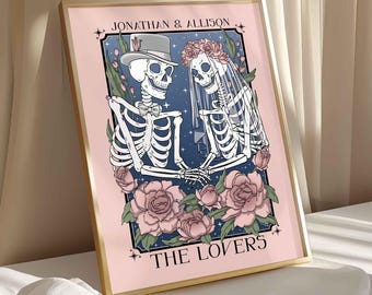 Custom Skeleton Couple Unframed Matte Print The Lovers Tarot Art Personalize Names Gothic Wall Decor Goth Wedding Gift LGBT Enby Present