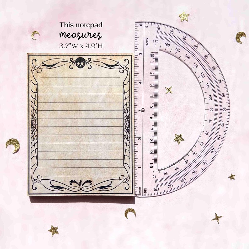 This photo is an overhead shot of the notepad next to a ruler to show scale. The image has the text, each notepad measures 3.7 width by 4.9 height in inches.