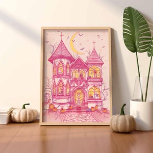 Unframed matte print that features my original illustration of a pink haunted house on a pinky-beige background. Inside are ghosts dancing/reading, pumpkin-head skeleton enjoying a pumpkin latte, witches practicing and studying magic.