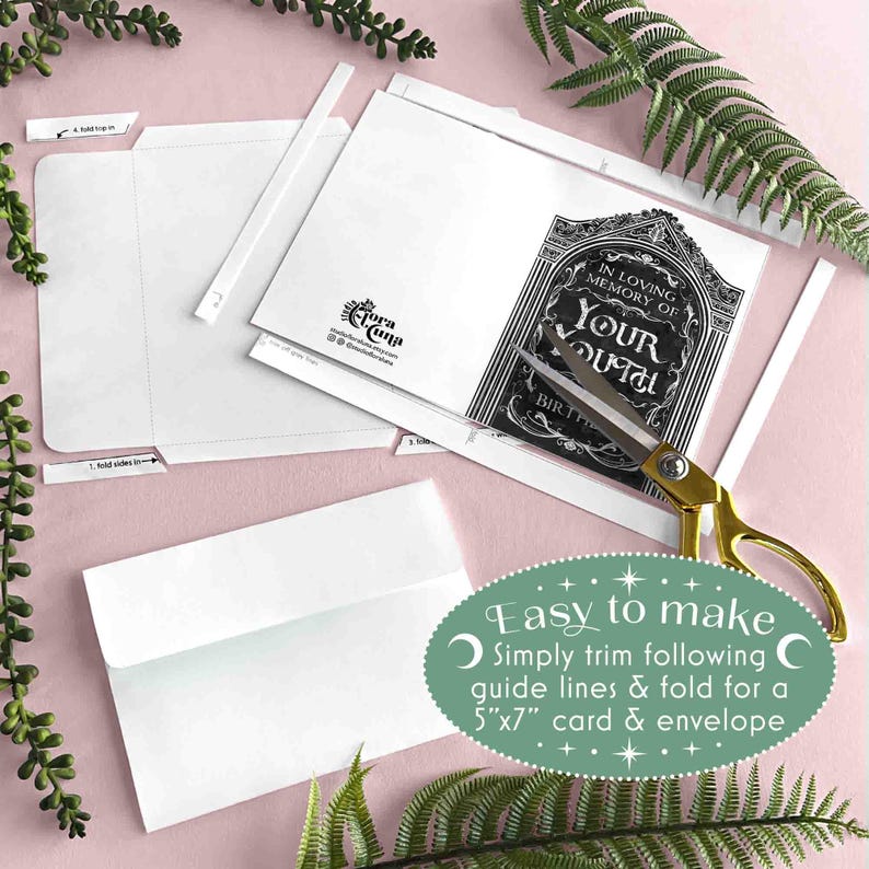 Easy to make: simply trim following guide lines and fold for a 5x7 card and envelope. This photo shows the card and envelope templates trimmed and ready to be folded.