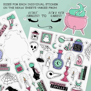 This photo shows the smallest and largest sticker from the 9.8 by 14 inch sticker sheet set. The photo has the text, Sizes for each individual sticker ranges from 0.5 by 0.5 inch (the smallest sparkle sticker) to 3.5width by 4.8 height inches (a cauldron sticker)