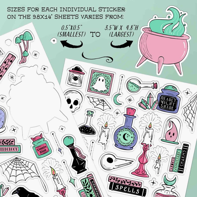 This photo shows the smallest and largest sticker from the 9.8 by 14 inch sticker sheet set. The photo has the text, Sizes for each individual sticker ranges from 0.5 by 0.5 inch (the smallest sparkle sticker) to 3.5width by 4.8 height inches (a cauldron sticker)