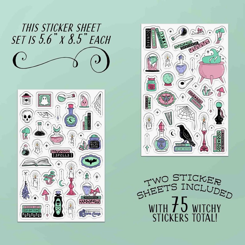 This photo shows two 5.6 by 8.5 inch sticker sheets and has the text, Two sticker sheets included with 75 witchy stickers total.