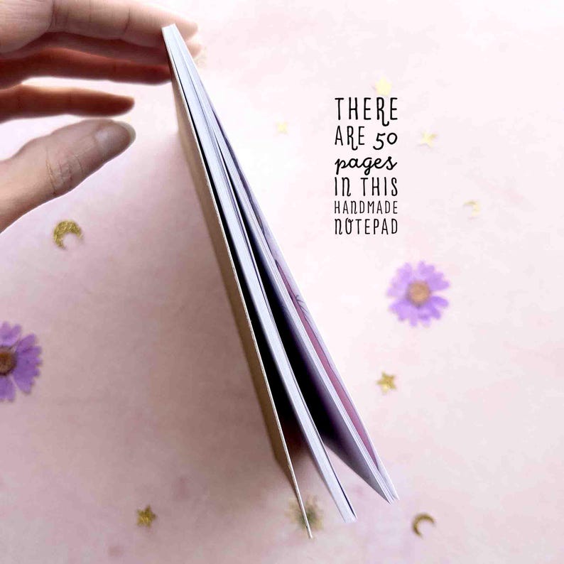 This photo shows the side view of the notepad with the text, there are 50 pages in this handmade notepad