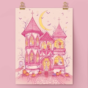 Unframed matte print that features my original illustration of a pink haunted house on a pinky-beige background. Inside are ghosts dancing/reading, pumpkin-head skeleton enjoying a pumpkin latte, witches practicing and studying magic.