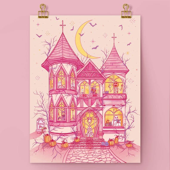 Pink Halloween Haunted House Matte Print Unframed Cute Witchy Gift for Teen Girl Kawaii Poster Spooky Season Wall Art Pastel Goth Home Decor