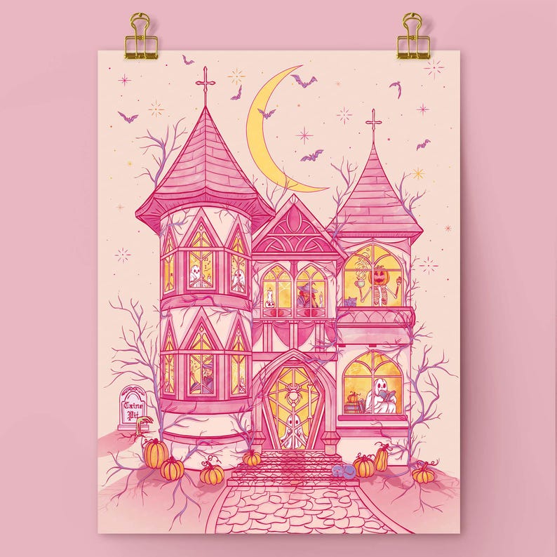 Unframed matte print that features my original illustration of a pink haunted house on a pinky-beige background. Inside are ghosts dancing/reading, pumpkin-head skeleton enjoying a pumpkin latte, witches practicing and studying magic.