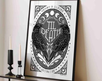 Hasta la muerte Arte personalizado para parejas Imprimible Arte personalizado para fecha de aniversario Arte gótico pastel Cuervo Decoración Regalo de boda Arte de pared gótico