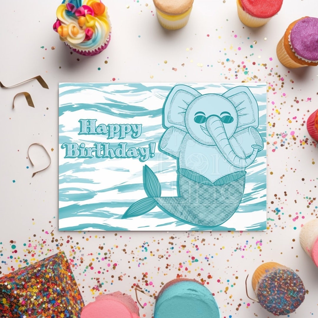 Printable Birthday Card Elephant Birthday Card Mermaid - Etsy