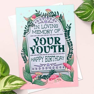 Carte d'anniversaire avec pierre tombale drôle imprimable Alternative gothique pastel RIP jeunesse Cottagecore humour noir Halloween Bday cadeau soleil gothique