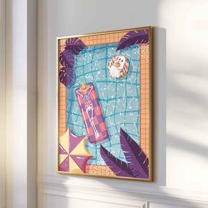 This photo shows a vertical printable artwork of an overhead view of a swimming pool with orange tiles, purple tropical plants in the corners of the image with a yellow and lighter purple striped umbrella, and a skeleton and ghost in the pool on a pink and purple checkered float and yellow and purple inner tube. The ghost is enjoying a pumpkin “juice” with a straw, as opposed to a coconut and the skeleton has a witch hat over its face while it relaxes on the pool float.