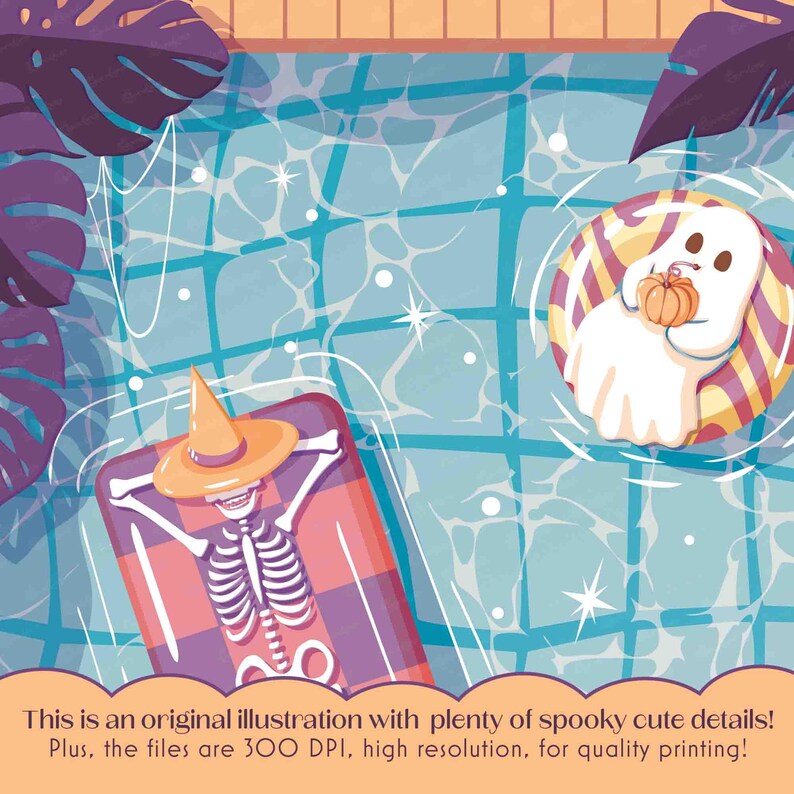 This photo shows a close up of the art and has the text, This is an original illustration with plenty of spooky cute details! Plus, the files are 300 DPI, high resolution, for quality printing!