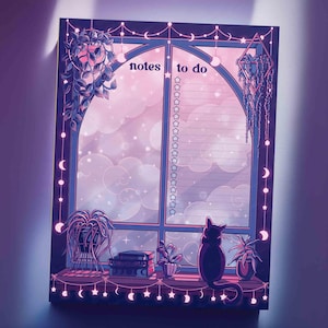 May include: A decorative to-do list notepad featuring a whimsical illustration. The design includes a window scene with a cat, plants, and the words "notes to do". The color palette is primarily purple and pink.