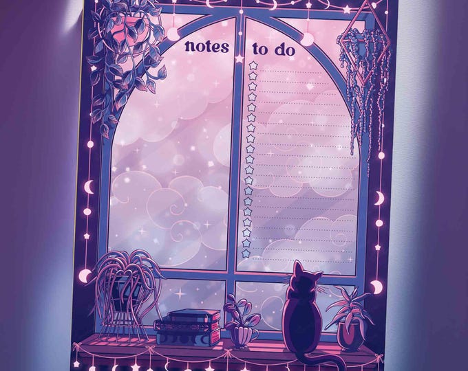 Lo Fi Aesthetic Notepad Celestial Cat Plant Window Cute To Do List Dreamy Memo Pad Lofi Art Kawaii Stationery Gift for Cat and Plant Lovers