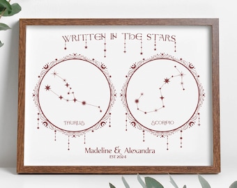 Personalized Couple Star Sign Unframed Matte Print Custom Astrology Constellation Gift Zodiac Relationship Art Witchy Celestial Wall Decor