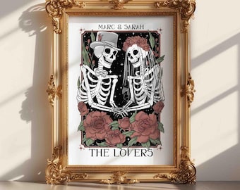 Custom Skeleton Couple Unframed Matte Print The Lovers Tarot Art Personalize Names Gothic Wall Decor Goth Wedding Gift LGBT Enby Present