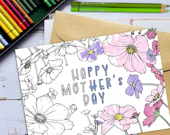 Floral Mothers Day Coloring Card DIY Printable Color Your Own Card for Mom Cute Gift from Kids Mothers Day Activity or Classroom Craft