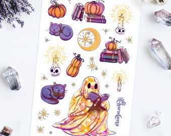 Spooky Cute Sticker Sheet, Ghost Reading, Cozy Halloween, Witchy Journal Decor