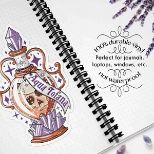 Photo shows the sticker on the journal with the text: “100% durable vinyl. Perfect for journals, laptops, windows, etc. This sticker is not waterproof”