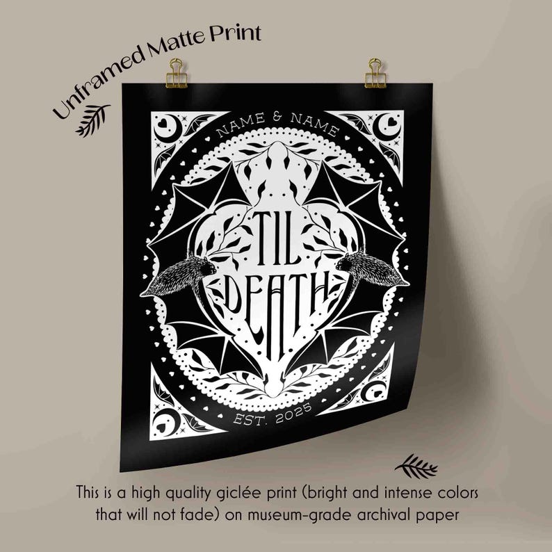 This photo shows the black and white version of the art hanging on the wall. The photo has the text unframed matte print. This is a high quality giclee print (bright and intense colors that will not fade) on museum-grade archival paper