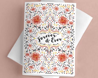 Forever & Ever Love Card PDF, Folk Art Floral Botanical Anniversary or Wedding Congrats Printable