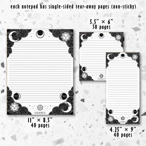 This photo shows each available notepad and has the words each notepad has single sided tear away pages that are non-sticky.