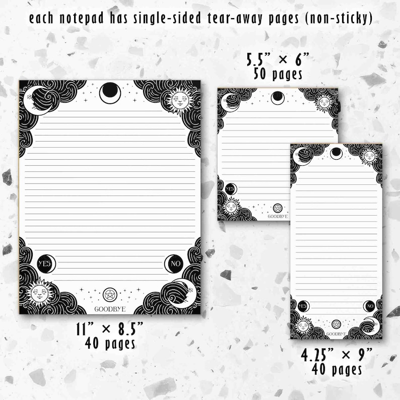 This photo shows each available notepad and has the words each notepad has single sided tear away pages that are non-sticky.