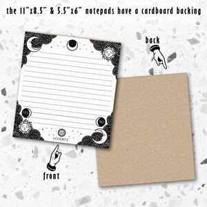This photo shows the 5.5 by 6 inch notepad‘s front and back and has the text the 8.5 by 11 inch and 5.5 by 6 inch notepads have a cardboard backing