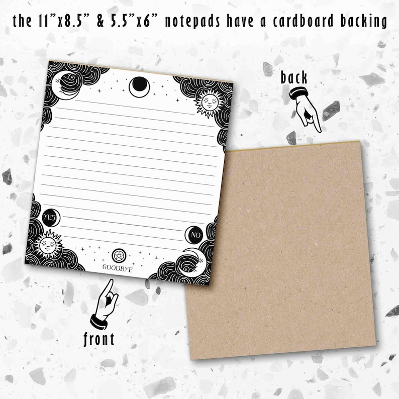 This photo shows the 5.5 by 6 inch notepad‘s front and back and has the text the 8.5 by 11 inch and 5.5 by 6 inch notepads have a cardboard backing
