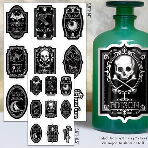 Apothecary label sticker sheet set of 8, vintage black and white invert stickers for potion bottles and witch decor