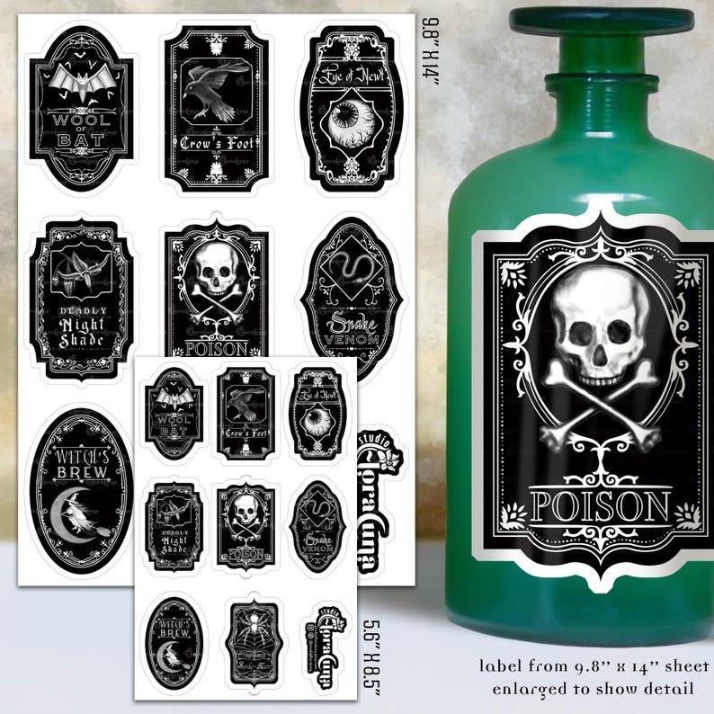 Apothecary label sticker sheet set of 8, vintage black and white invert stickers for potion bottles and witch decor