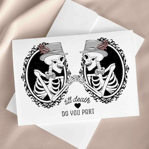 Gothic Hochzeit Gay Hochzeit Glückwunschkarte Queer Engagement Karte für gleichgeschlechtliche Ehe LGBTQ Gothic Bräutigam Mr und Mr Skeleton Till Death