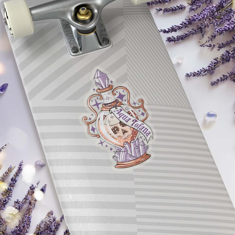 This photo shows the transparent sticker version on the back of a skateboard