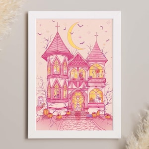 Printable wall art that features my original illustration of a pink haunted house on a pinky-beige background. Inside are ghosts dancing/reading, pumpkin-head skeleton enjoying a pumpkin latte, witches practicing and studying magic.