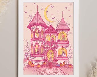 Arte de pared de casa embrujada de Halloween rosa, lindo regalo de bruja para chica adolescente, póster kawaii, temporada espeluznante, decoración del hogar gótica pastel, impresión Whimsigoth