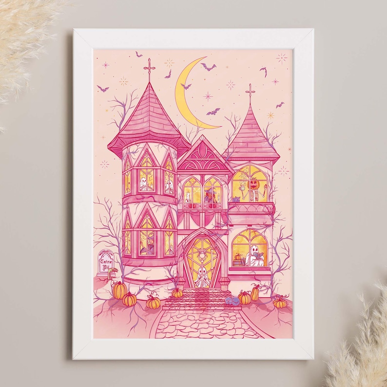 Printable wall art that features my original illustration of a pink haunted house on a pinky-beige background. Inside are ghosts dancing/reading, pumpkin-head skeleton enjoying a pumpkin latte, witches practicing and studying magic.