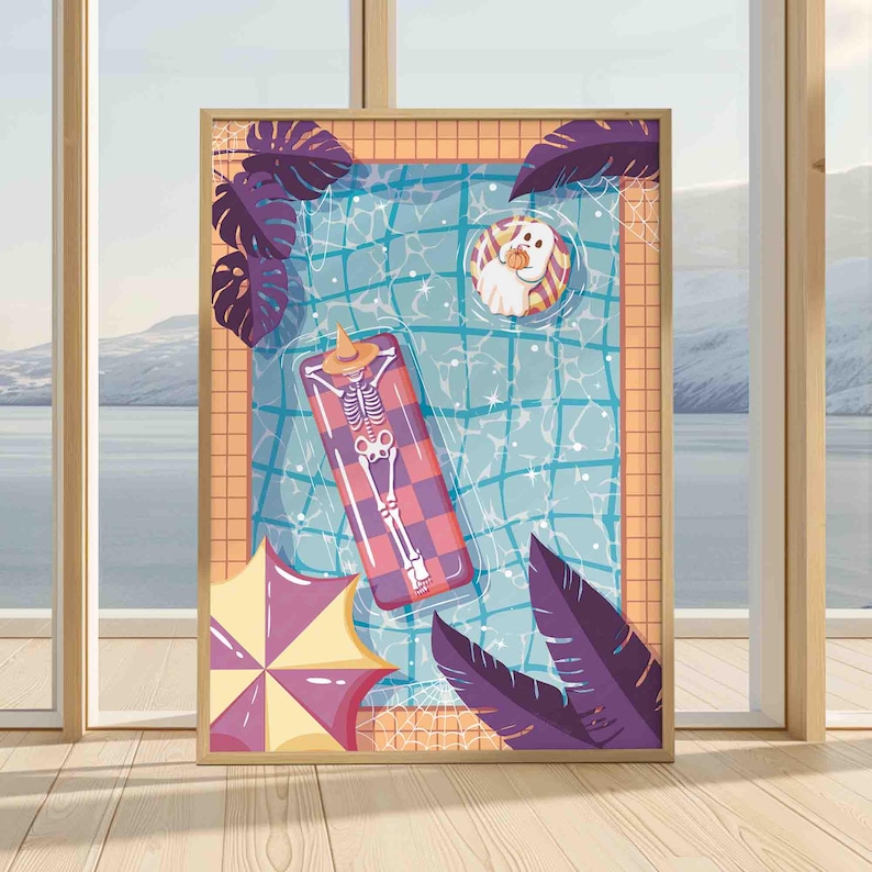 This photo shows a vertical printable artwork of an overhead view of a swimming pool with orange tiles, purple tropical plants in the corners of the image with a yellow and lighter purple striped umbrella, and a skeleton and ghost in the pool on a pink and purple checkered float and yellow and purple inner tube. The ghost is enjoying a pumpkin “juice” with a straw, as opposed to a coconut and the skeleton has a witch hat over its face while it relaxes on the pool float.