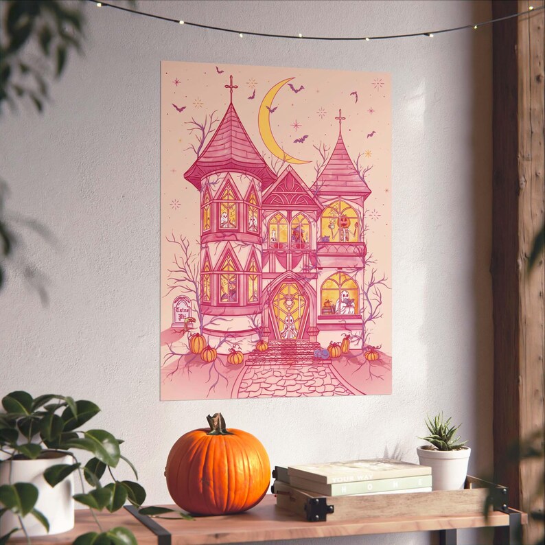 Unframed matte print that features my original illustration of a pink haunted house on a pinky-beige background. Inside are ghosts dancing/reading, pumpkin-head skeleton enjoying a pumpkin latte, witches practicing and studying magic.