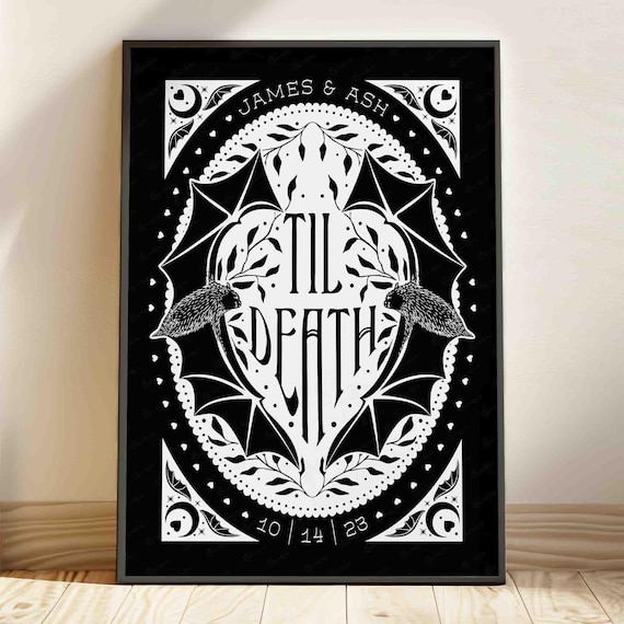 Custom Gothic Couple Unframed Matte Print Personalized Anniversary Date Til Death Do Us Part Pastel Goth Bat Art Alternative Wedding Gift