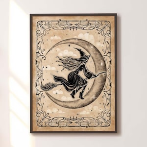 Printable Witch Poster Vintage Halloween Wall Art Antique Witchy Decor Celestial Gothic Print Gift for Goth Aesthetic Neutral Spooky Art