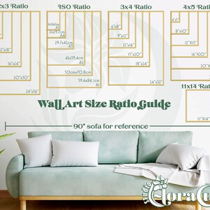 This photo shows a visual wall art size ratio guide that compares each image ratio size to a 90” sofa for reference.