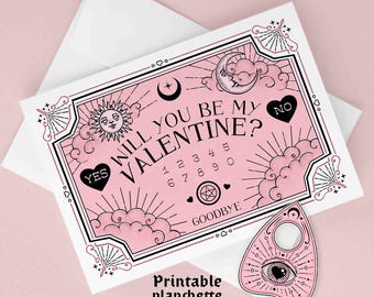 Printable Spirit Board Valentine with Planchette, Creepy Cute 5x7 Anniversary Card, Pastel Goth Love Card Witchy, Valloween Greeting